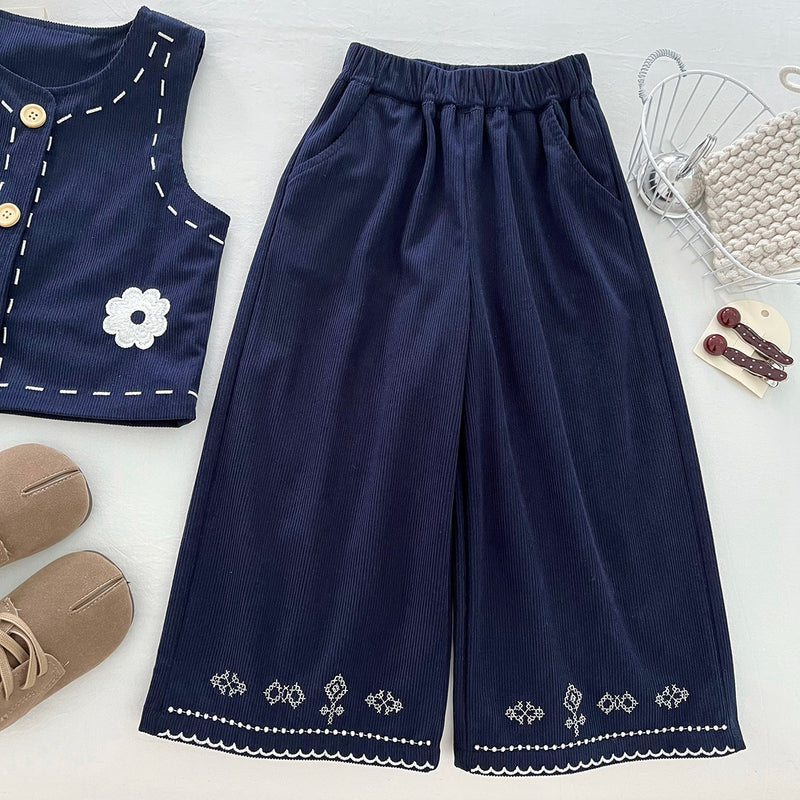 Girls' Embroidered Vest Shirt and Wide-leg Pants Three-piece Set