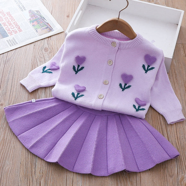 Lovely Girls Winter Sweater Flower Dress Children's Two-piece Dress