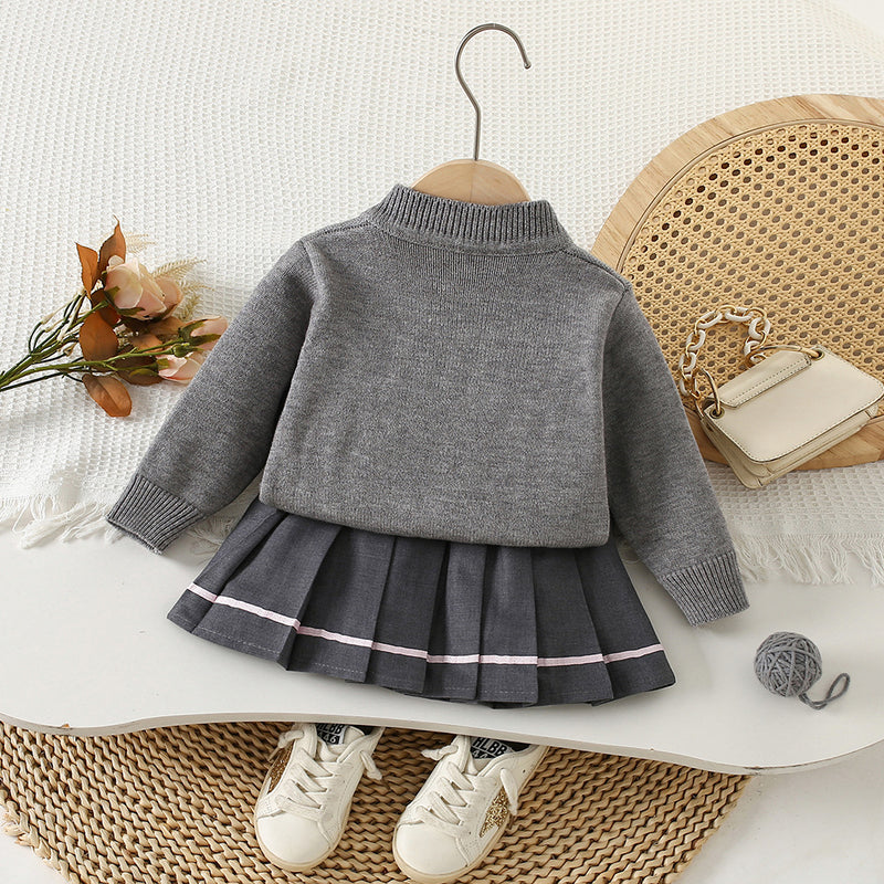 Girls' Flower Sweater Knitted Pleated Skirt Two-Piece Set