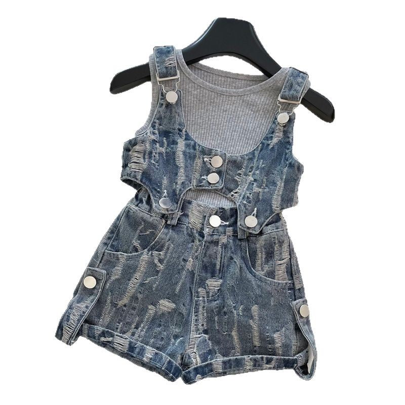 Girls Denim Overalls Shorts Bottoming Shirt Three Piece Set