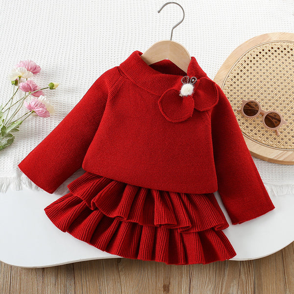Girls' Solid Color Scarf Pullover Sweater Cake Skirt Two-piece Set