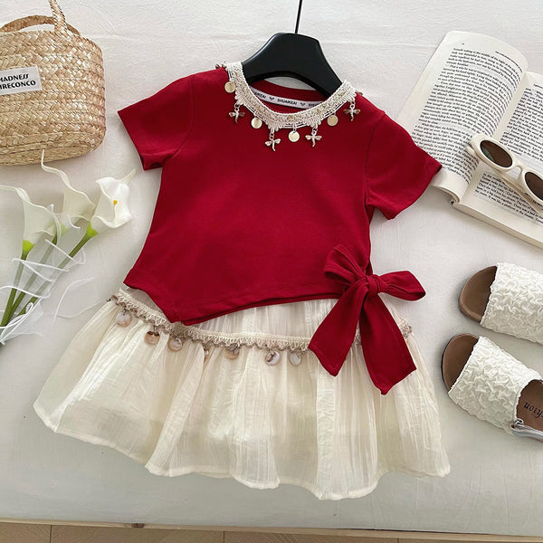 Girls' New Summer Irregular Bow Top Skirt Two-piece Set