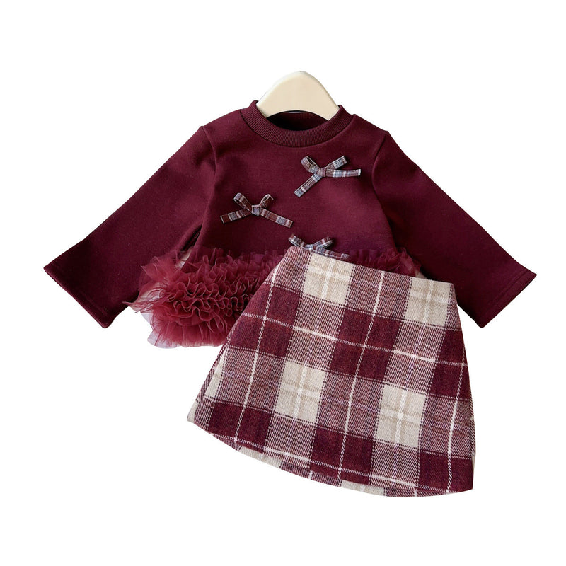 Girls' Winter Christmas New Year Fleece-Lined Top Skirt Two-Piece Set