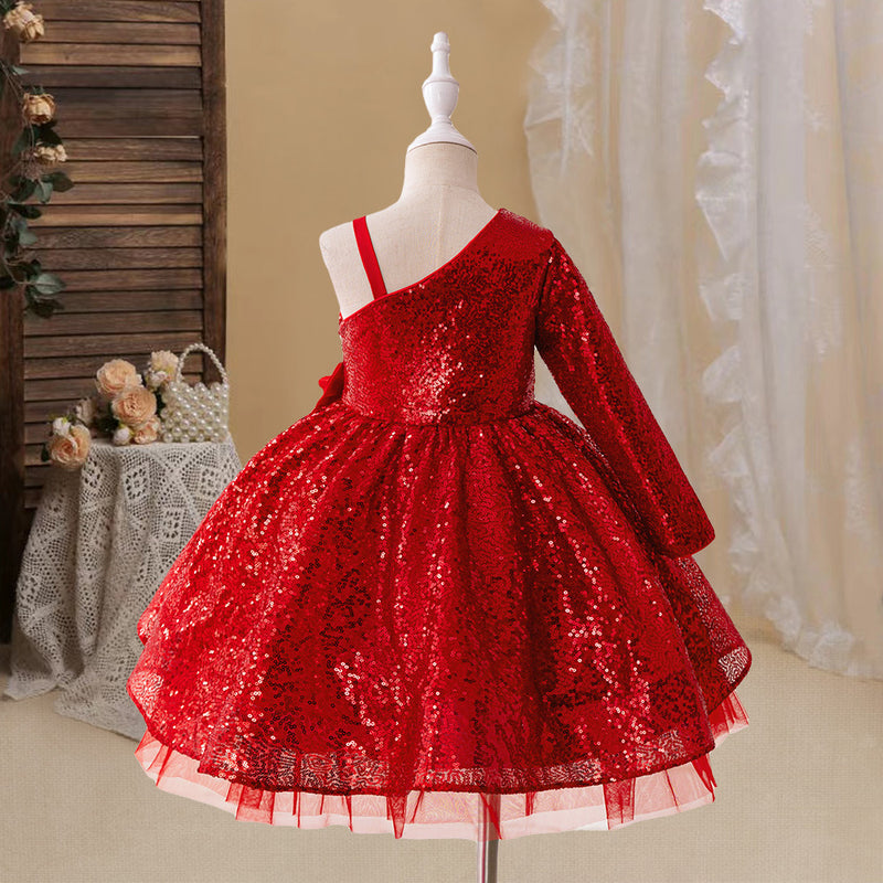 Girls Red Sequin Birthday Princess Dress Girls Prom Bow Dress
