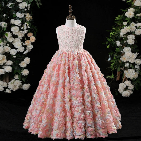 Elegant Baby Pink Sleeveless Floral Beauty Pageant Dress Toddler Birthday Party Dresses