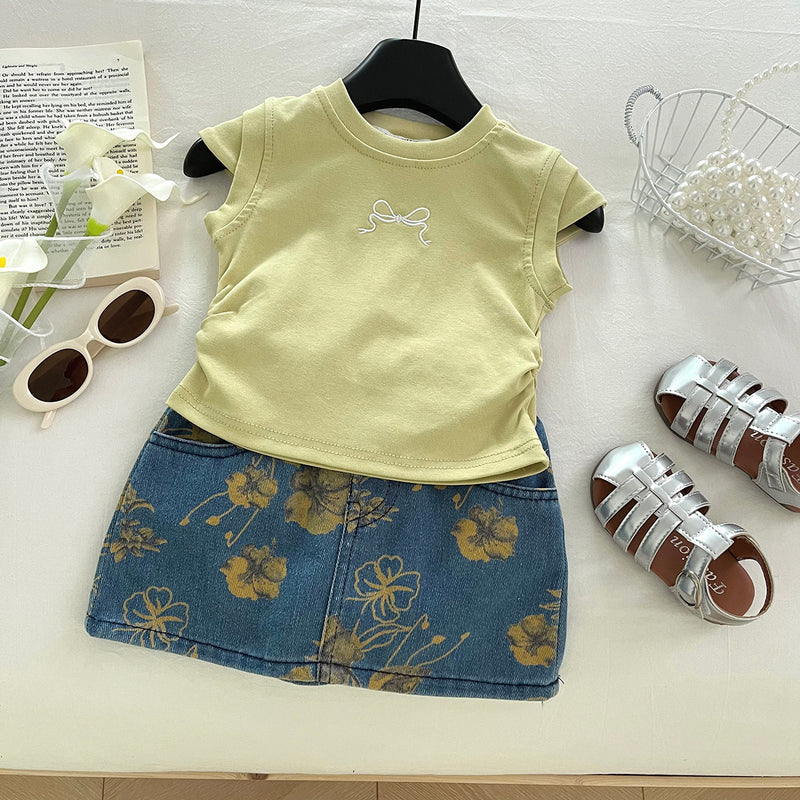 Girls Summer Printed T-shirt Denim Skirt Two-piece Set