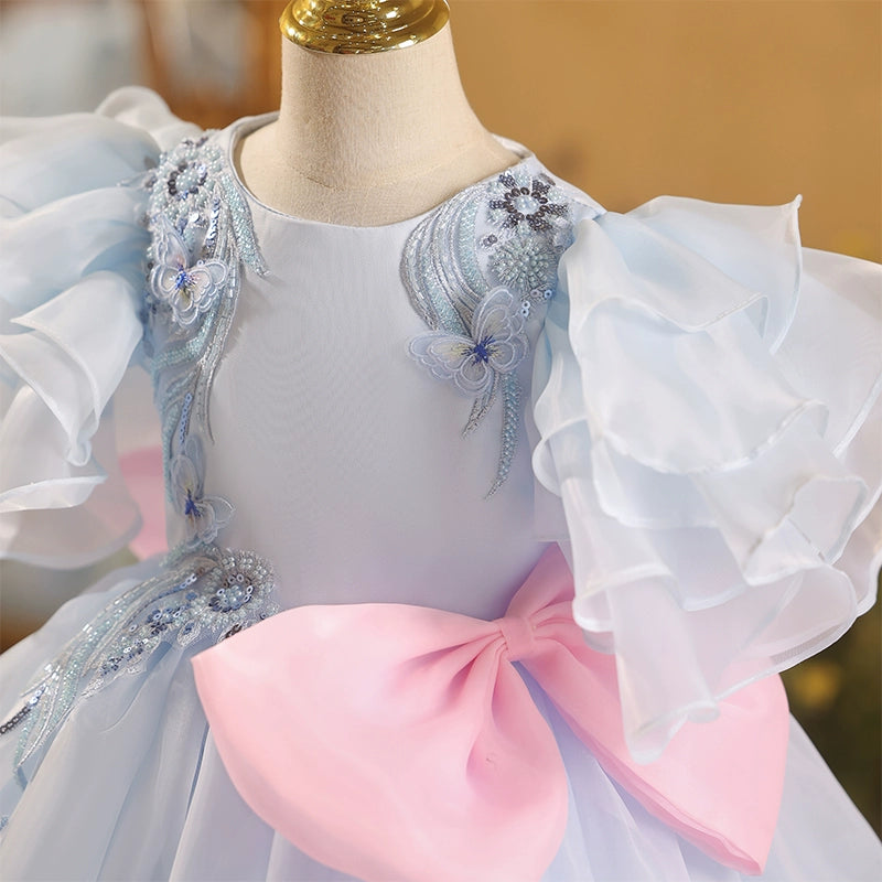 Girls Blue Birthday Dress Children's Puffy Party Princess Dress