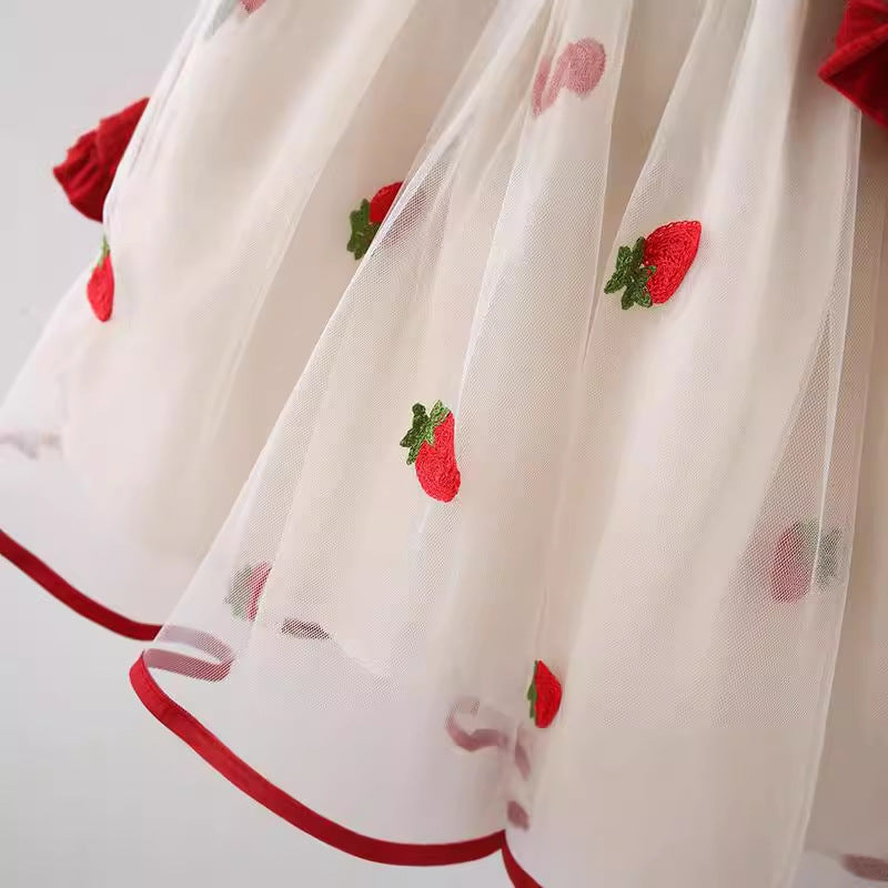 strawberry mesh dress Women Girl Ruffle Lolita Mesh Midi Dress Sequin Strawberry Embroidery Cute Fairy