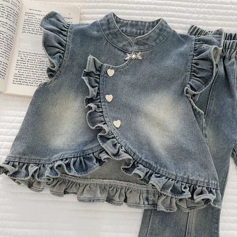 Girls' Autumn Base Layer Denim Vest Flared Pants Three-Piece Set