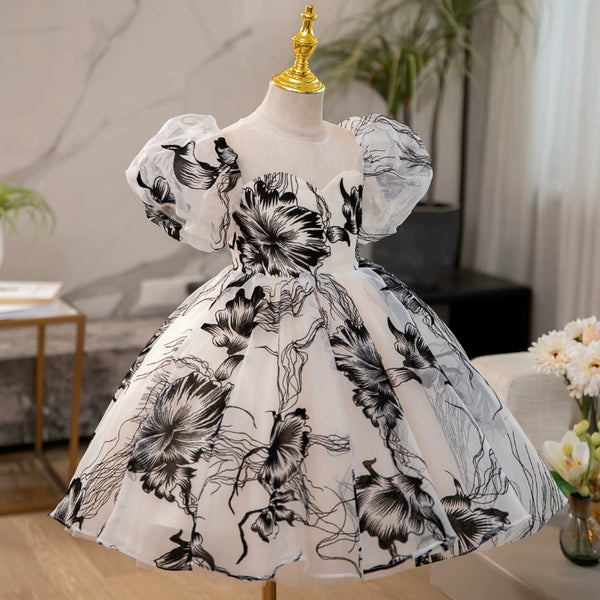 Elegant Baby Girls Ink Pattern Puff Sleeves Square Neck Princess Dress Toddler Flower Girl Puff Dress