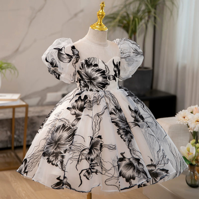 Elegant Baby Girls Ink Pattern Puff Sleeves Square Neck Princess Dress Toddler Flower Girl Puff Dress