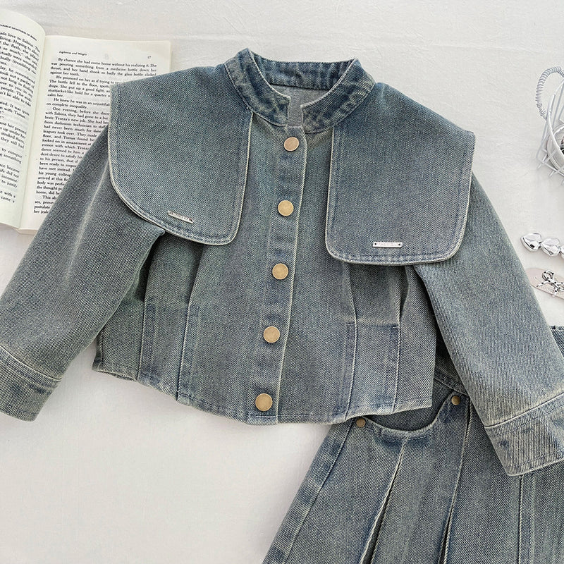 Girls' Autumn Denim Jacket Pleated Skirt Two-Piece Set