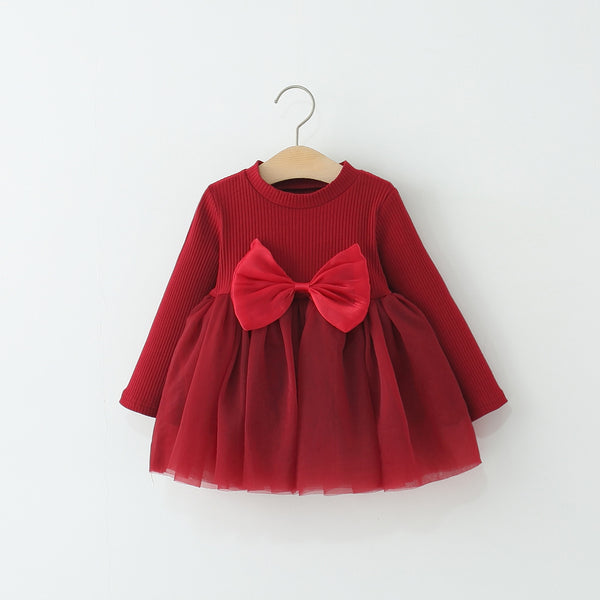 Girls Autumn Long Sleeve Bow Mesh Princess Dress