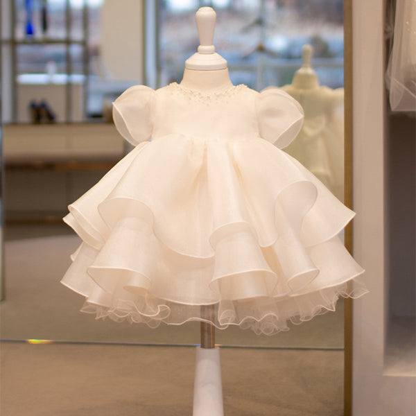 Sweet Baby Girls White Puff Sleeve Mesh Pearl Princess Dress Toddler First Communion Dress