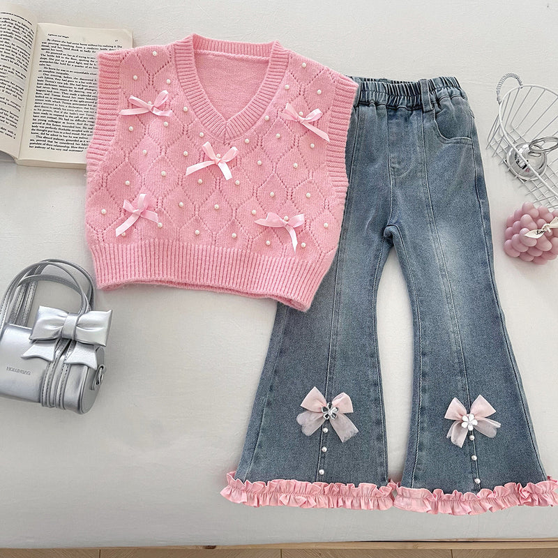 Girls' 3D Bow Knitted Vest Shirt and Jeans Three-Piece Set