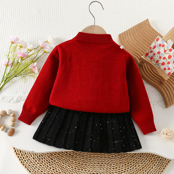 Girls' 3D Beaded Knitted Cardigan Skirt Two-Piece Set