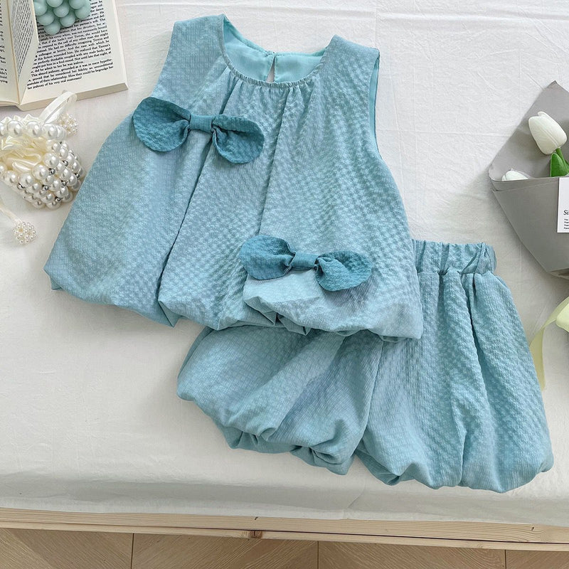Girls Suit Summer New Bow Sleeveless Vest Shorts Two-piece Suit