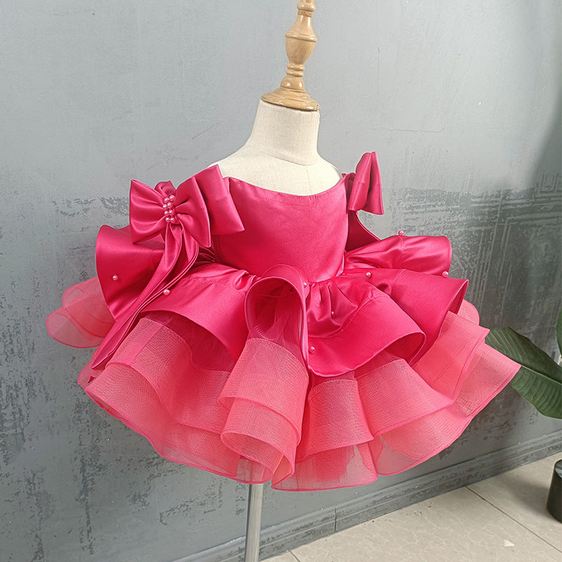 Elegant Baby Girl Rose Red Bow Sleeve Dress Toddler Communion Princess Dress