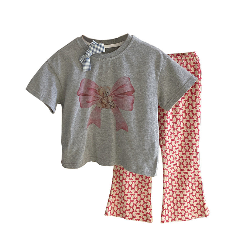 Cute Bow Short-sleeved Pattern Trousers Toddler Two Piece Set