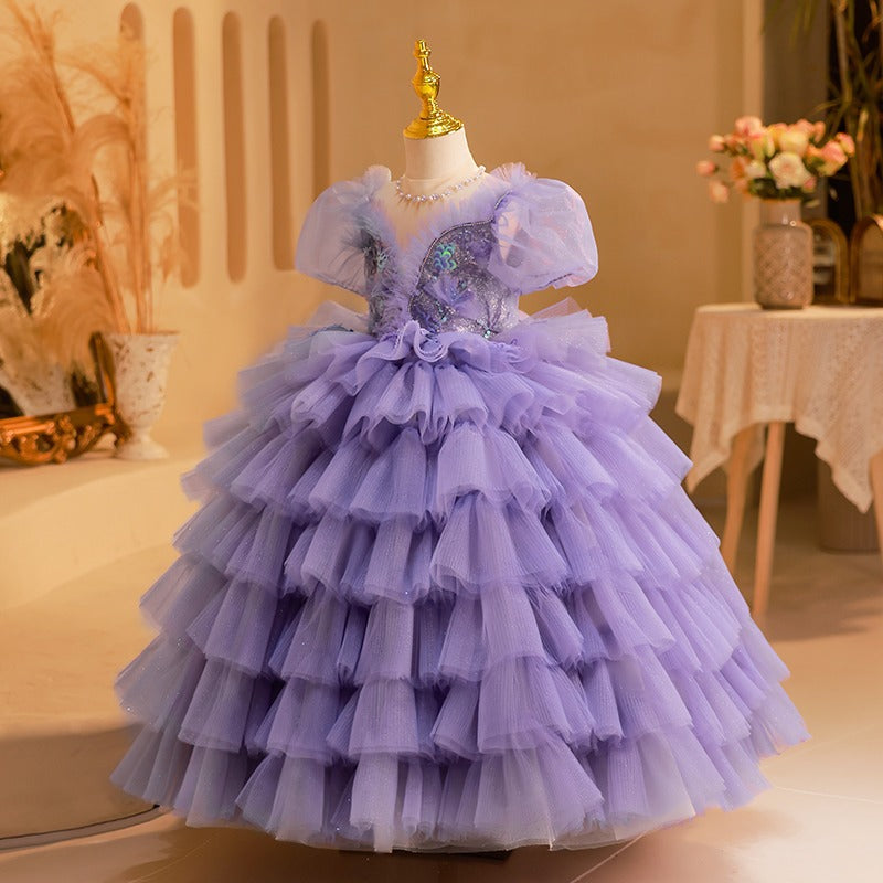 Flower Girl Dress Children Formal Pageant Purple Flower Fluffy Cute Princess Dress