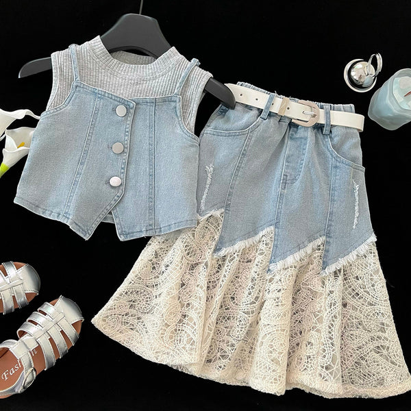 Girls' Summer Lace-Panel Denim Top Vest Skirt Three-Piece Set