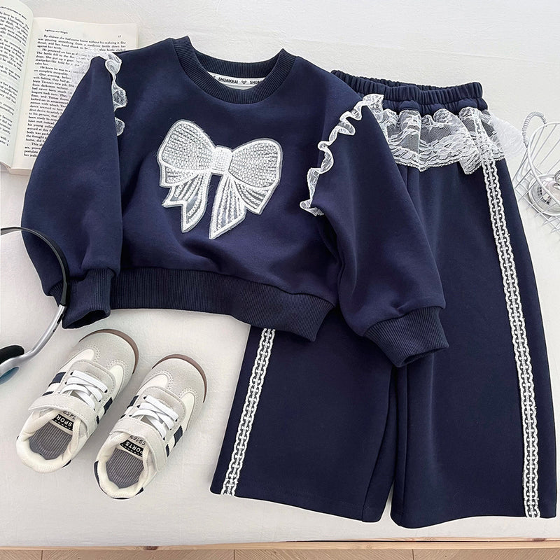 Girls' Round Neck Pullover Sweatshirt and Wide Leg Pants Two-piece Set