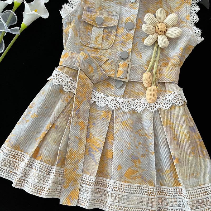 Girls Summer Sleeveless Denim Lapel Lace Princess Dress