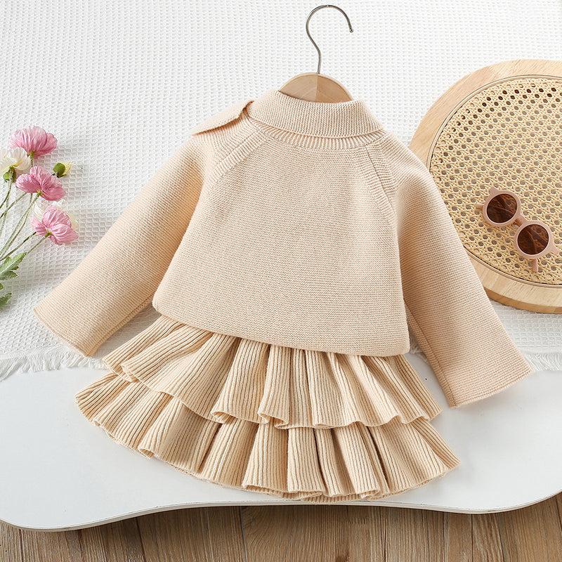 Girls' Solid Color Scarf Pullover Sweater Cake Skirt Two-piece Set
