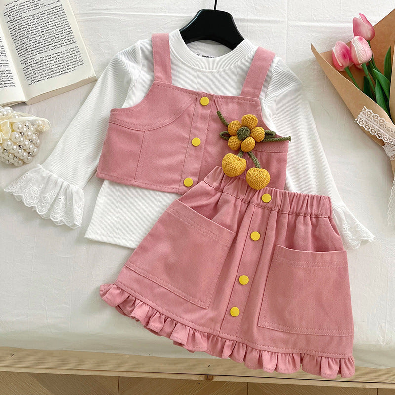 Girls New Denim Overalls Skirt Bottoming Shirt Two Piece Set