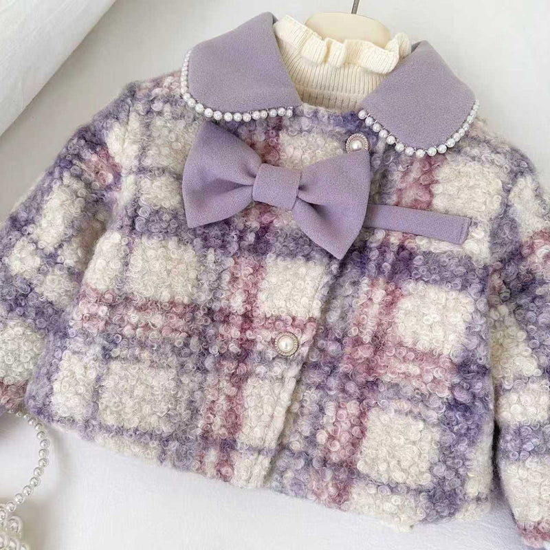 Girls' Winter Bow-Knot Plaid Jacket and Skirt Two-Piece Set