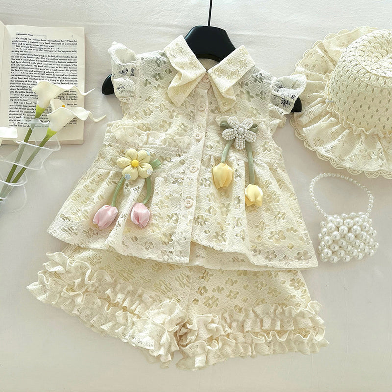 Baby Girls New Fly Sleeve Lace Top Shorts Two-Piece Set