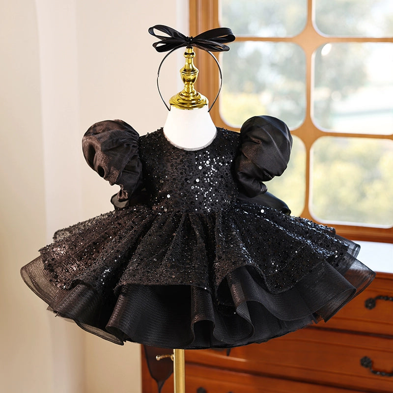 Black Children's Birthday Dress Girls Puff Sleeve Princess Dress