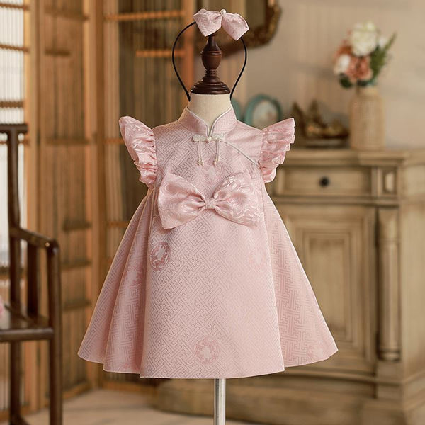 Sweet Baby Pink Buttoned Bow Baby Romper Baby's First Birthday Dress