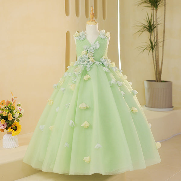Baby Girl Green Flower Puffy Dress Toddler Birthday Festival Princess Dress