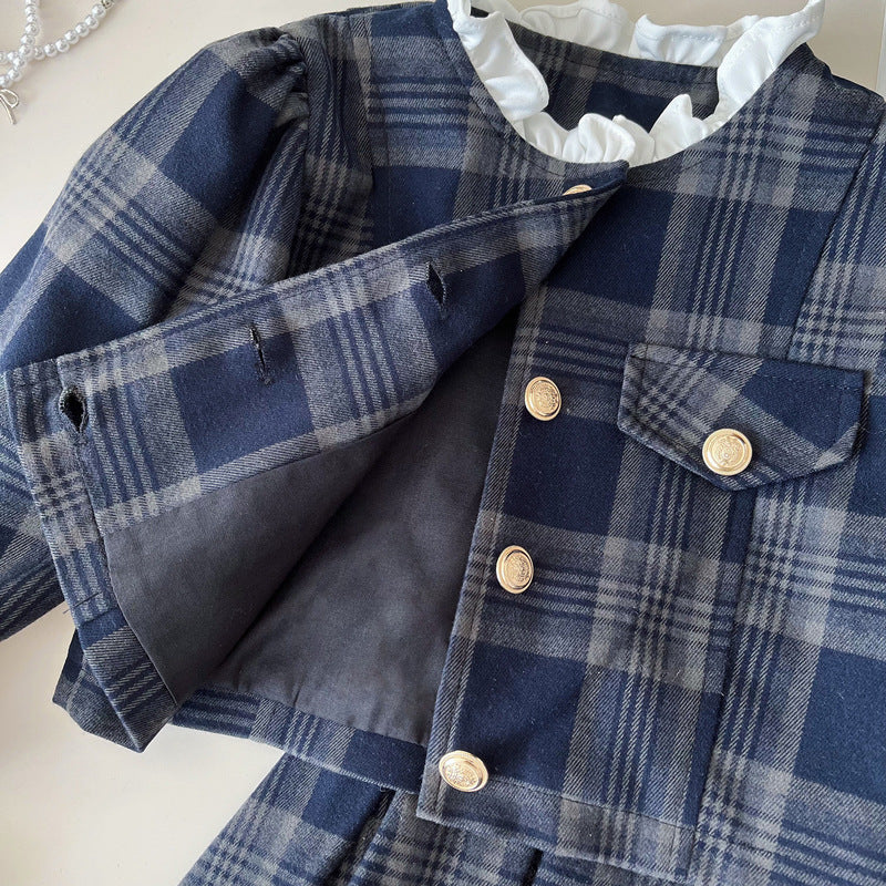 Girls' New Spring Plaid Jacket and Skirt Two-Piece Set