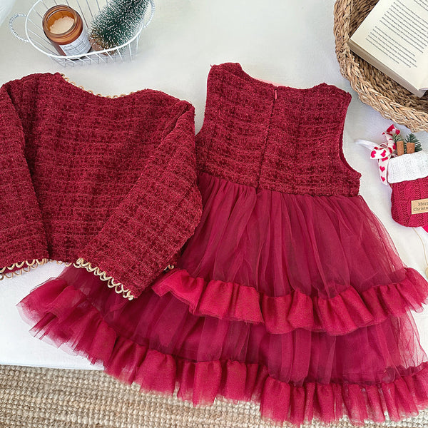 Winter Girls' New Year Coat Vest Dress Two-piece Suit