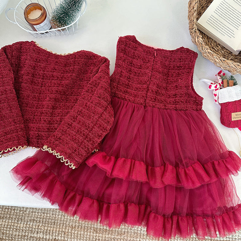 Winter Girls' New Year Coat Vest Dress Two-piece Suit