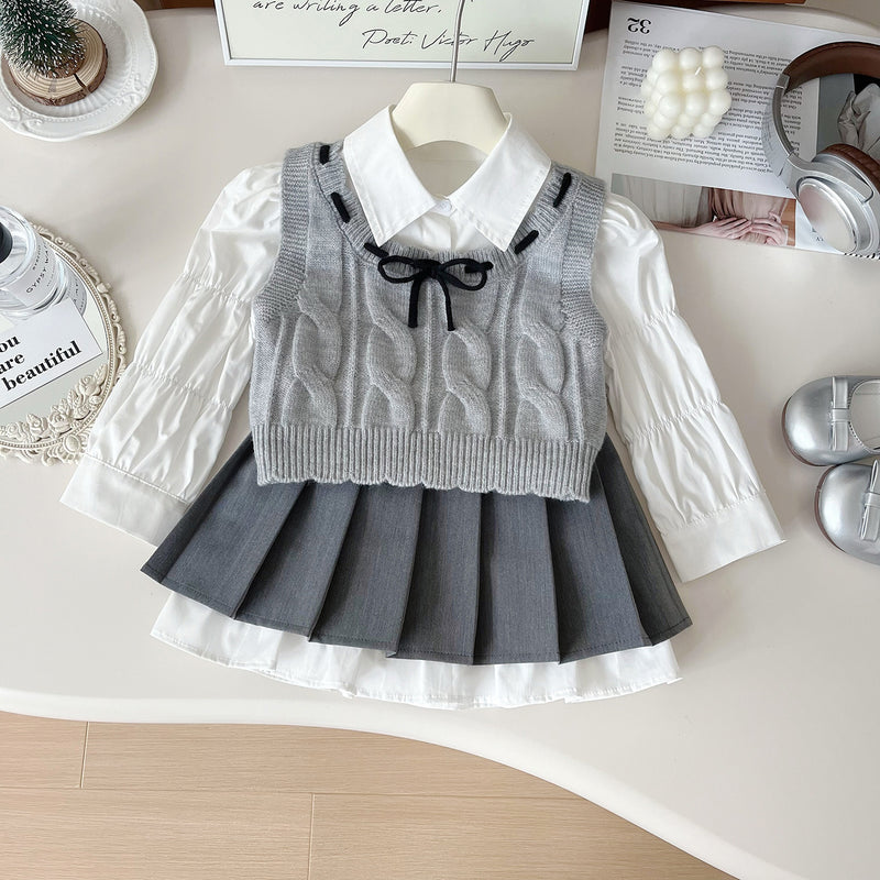 Girls' New Wool Vest Shirt and Skirt Three-piece Suit