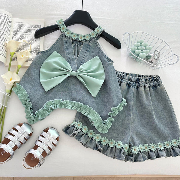 Girls Summer Lace Bowknot Backless Top Shorts Two-Piece Set