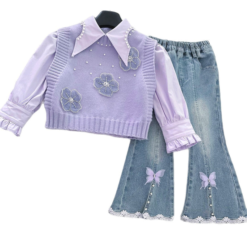 Girls' Beaded Flower Knitted Vest Shirt and Jeans Three-Piece Set