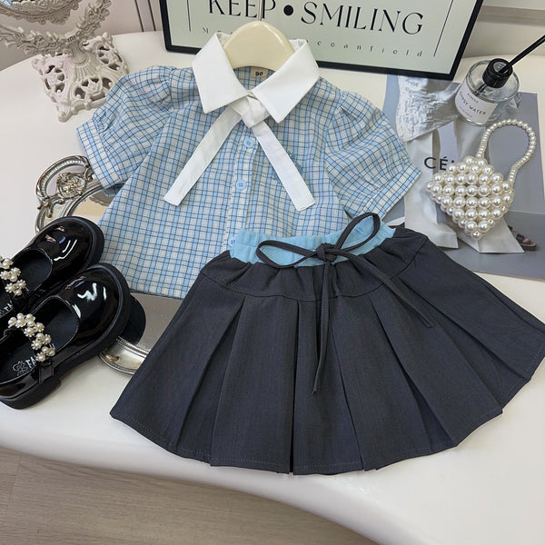 Girls Summer New Plaid Top Pleated Skirt Two-piece Suit