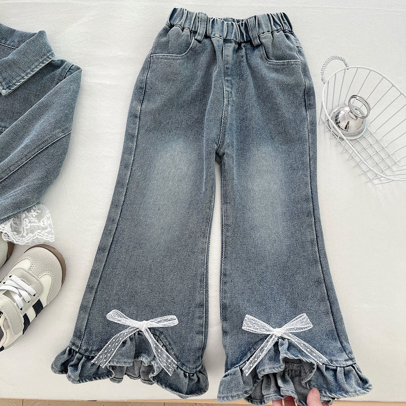 Girls' Lace Denim Jacket and Flared Jeans Two-Piece Set