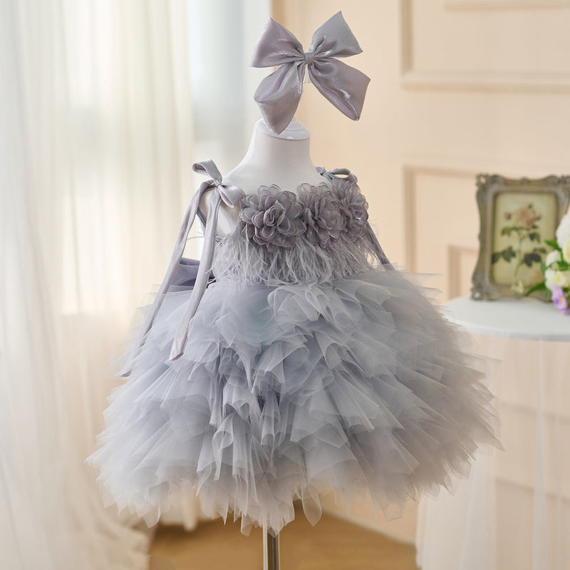 Girls Gray Birthday Dress Flower Girl Cute Princess Dress