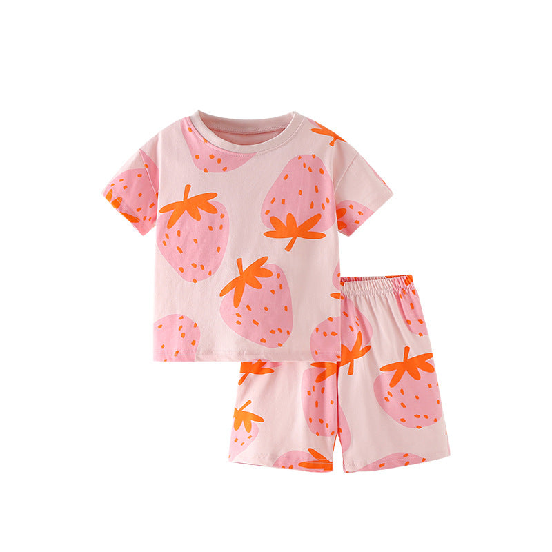 Girls Summer New Round Neck Short Sleeve Shorts Two Piece Suit