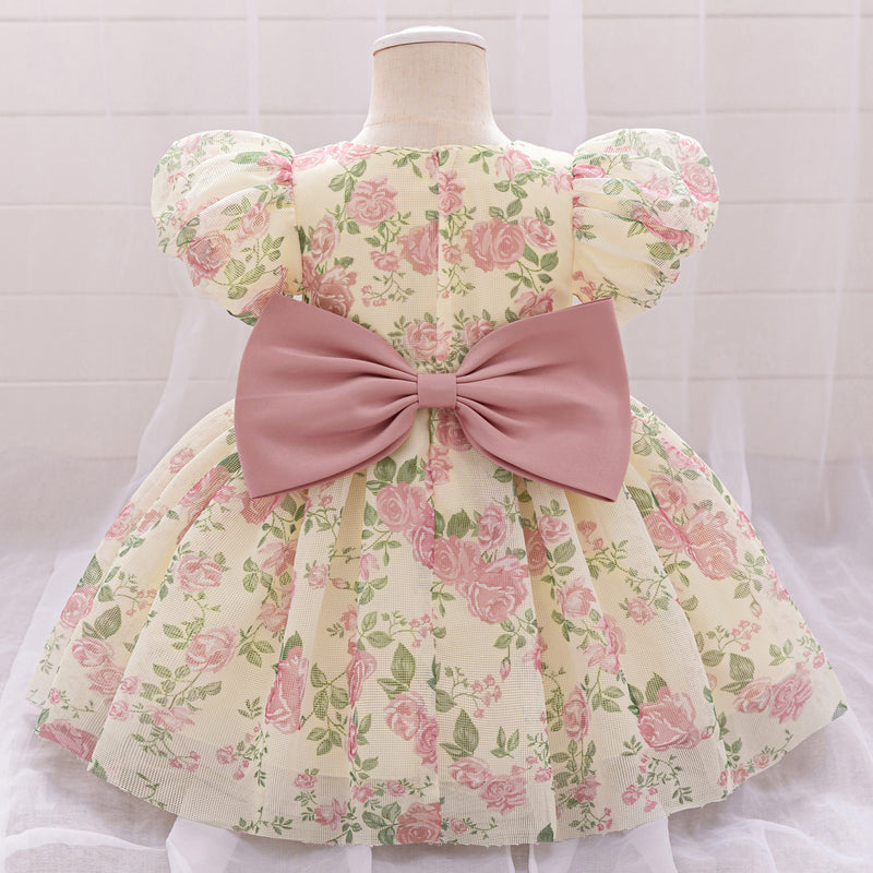 Cute Baby Girl Birthday Puff Sleeve Princess Dress Girl Flower Print Dress