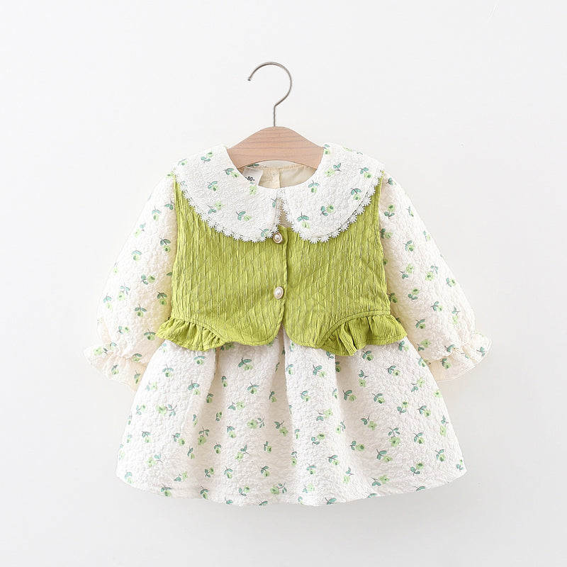 Cute Girls Autumn Printed Fake Two Piece Princess Dress