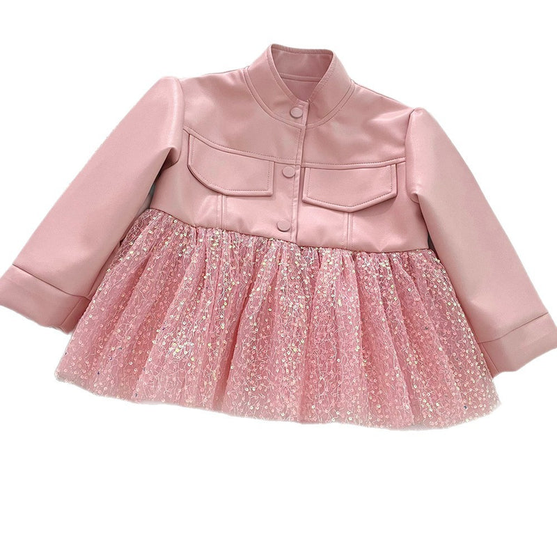 Girls' Autumn Sequined Mesh PU Leather Jacket
