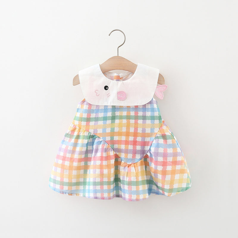 Girls Sleeveless Lapel Embroidered Fish Cotton Plaid Dress