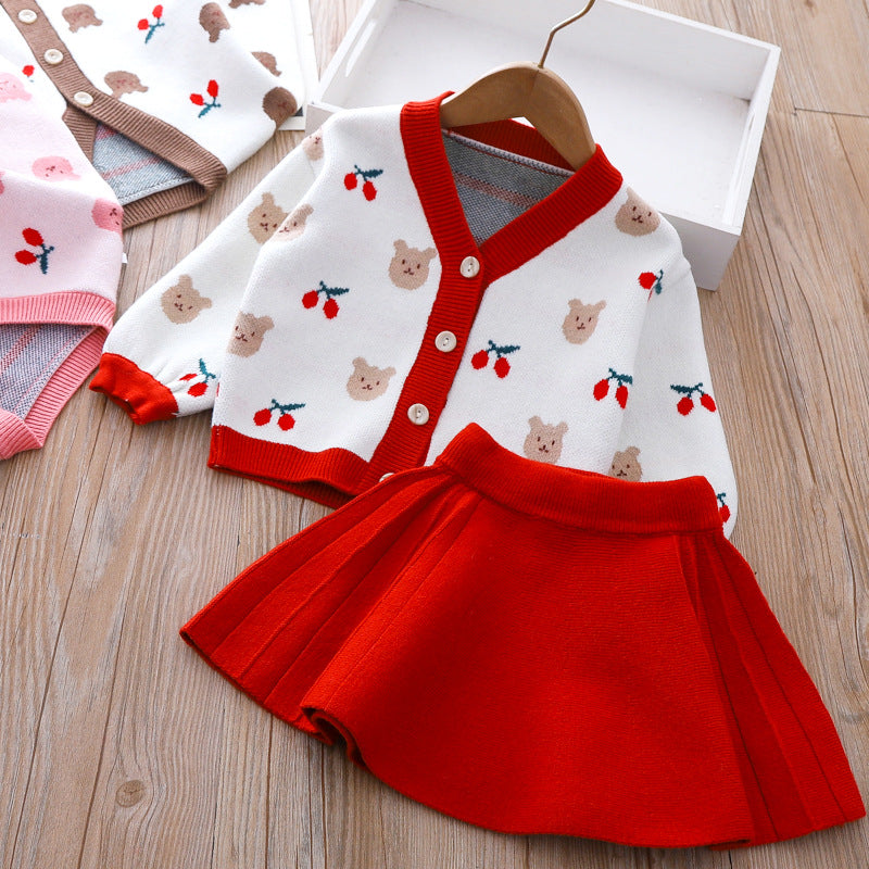 Cute Baby Girl Bear Sweater Dress Printed Two Piece Winter Dresses