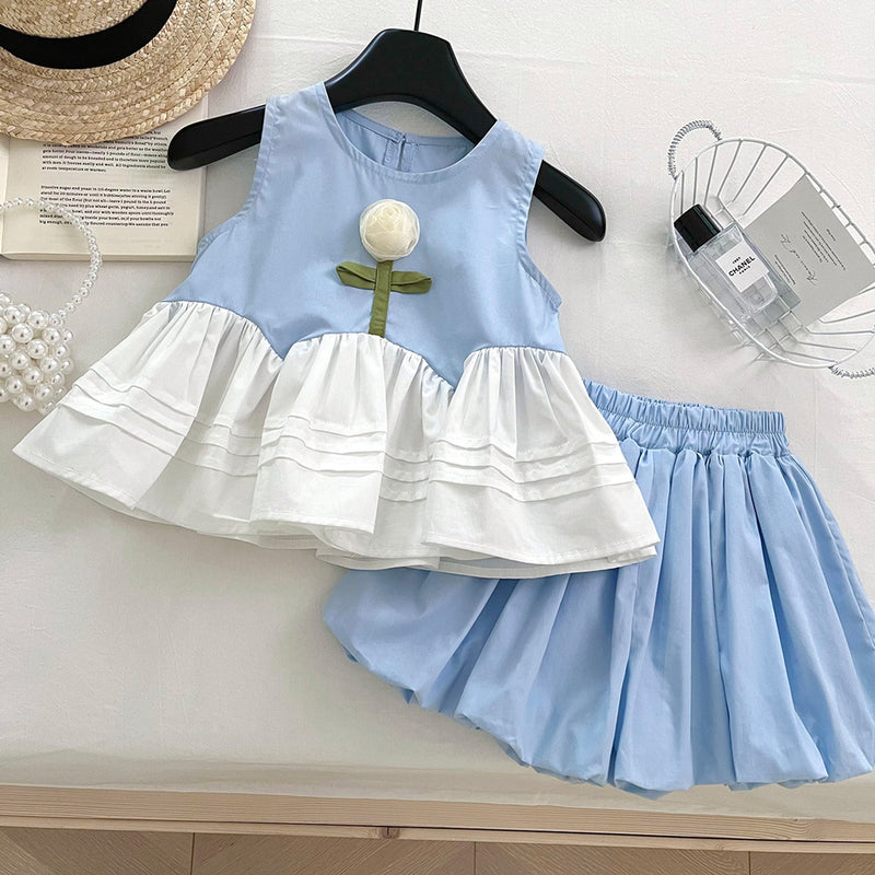 Summer Girls Fluffy Shorts Set Spliced Flower Top Two-piece Set
